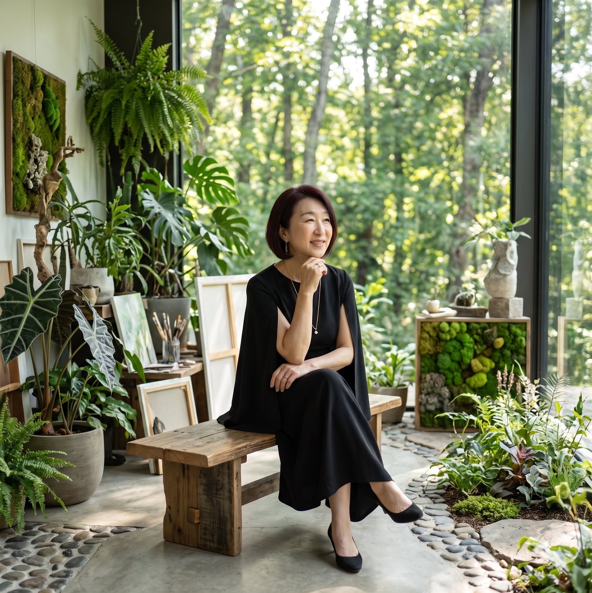 緑に囲まれた加賀のアトリエでくつろぐ小谷由美子